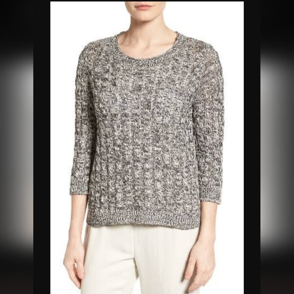 Eileen Fisher Women Organic Cotton Black White Variegated Cable Knit Sweater L